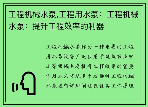 工程机械水泵,工程用水泵：工程机械水泵：提升工程效率的利器
