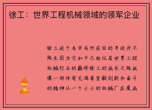 徐工：世界工程机械领域的领军企业